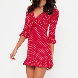 Missguided Red Polka Dot Print Frill Tea Dress